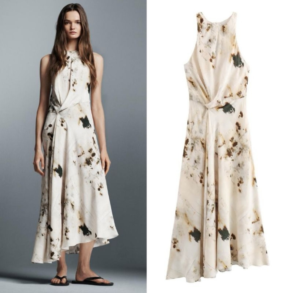 Zara satin effect abstract print asymmetrical hem crew neck long dress sz.XS